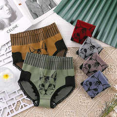 New Ladies High Waist Tummy Control Pure Cotton Lace Trim Kitten Print Panties