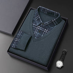 Men's Fake Two Piece Wool Silk Slim Fit Plaid Shirt