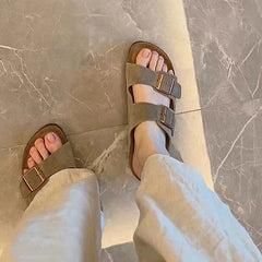 Double-breasted Leather and Cork Sandals