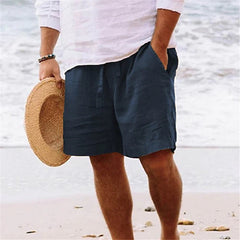 Men's Solid Color Drawstring Breathable Beach Pants Cotton and Linen Sports Casual Shorts