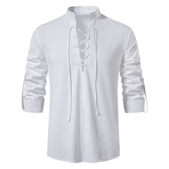 Men's V-neck Lace-up Cotton and Linen Loose Casual Stand-collar Shirt