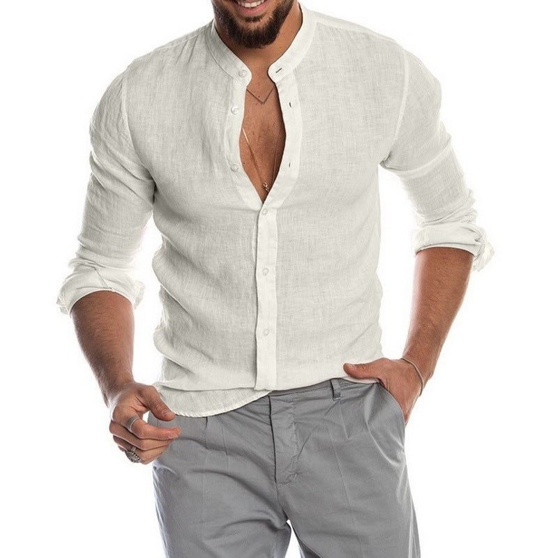 Men's Solid Color Stand Collar Casual Long Sleeve Shirt