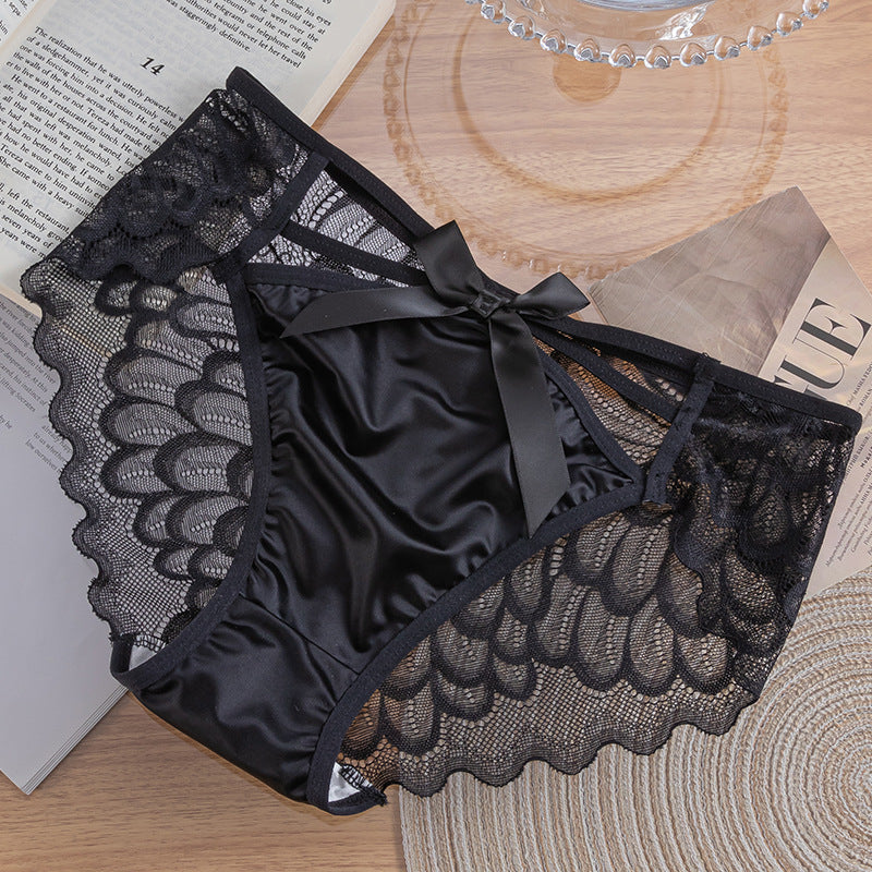 Satin Sexy Breathable Lace Bowknot Hollow Low-Rise Briefs