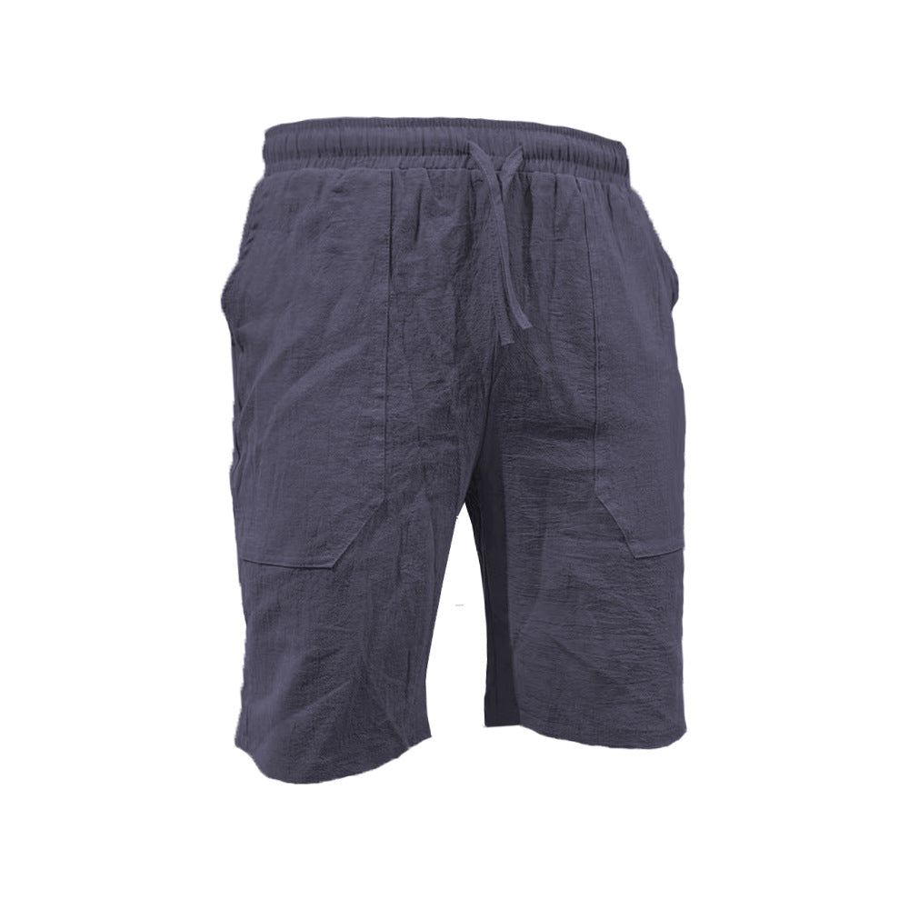 Men's Solid Color Drawstring Breathable Beach Pants Cotton and Linen Sports Casual Shorts