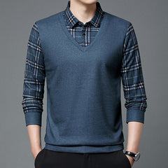 Men's Fake Two Piece Wool Silk Slim Fit Plaid Shirt