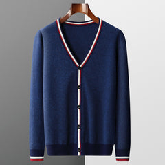 Men's Winter V-neck Striped Wool Cardigan