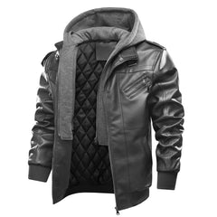 Men's Casual Warm Thick Hooded Leather Jacket