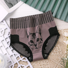 New Ladies High Waist Tummy Control Pure Cotton Lace Trim Kitten Print Panties