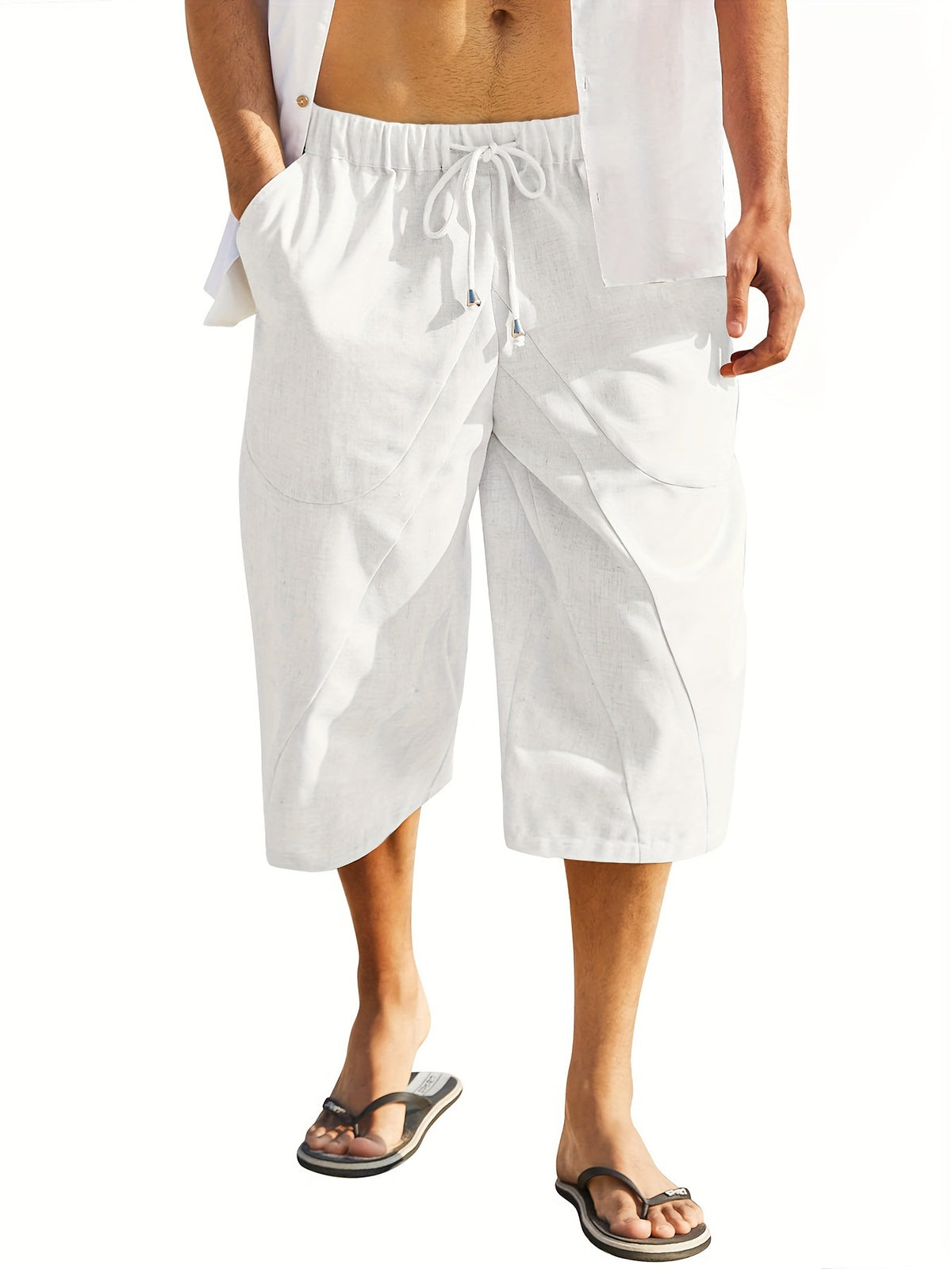 2024 Men's Cotton and Linen Casual Multi-Pocket Beach Shorts