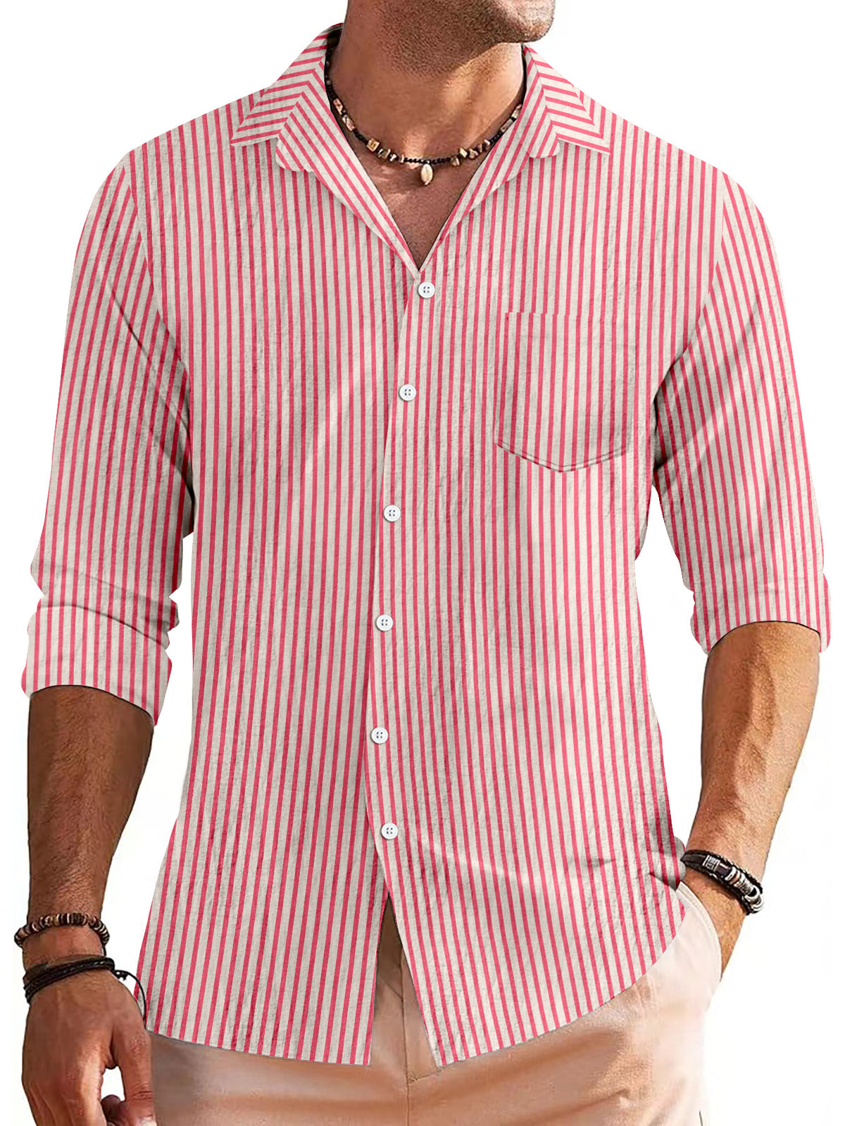 Men's Casual Jacquard Striped Long Sleeve Shirt