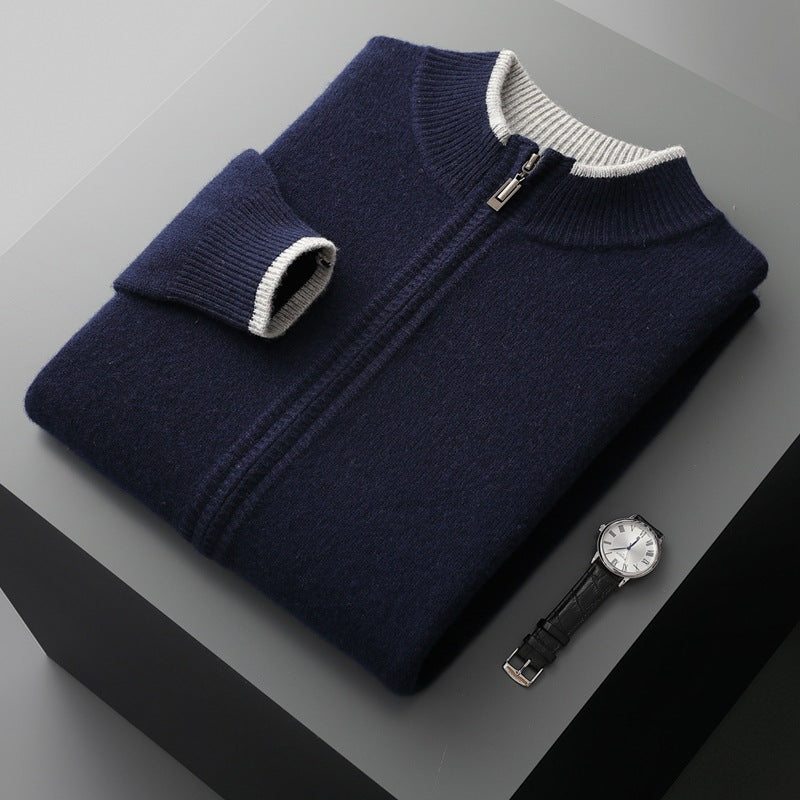 Men's Contrasting Half Turtleneck Zip-up Wool Knit Cardigan