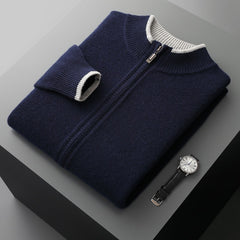 Men's Contrasting Half Turtleneck Zip-up Wool Knit Cardigan