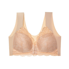 Large Size Front Button Push Up Lace Wireless Bra