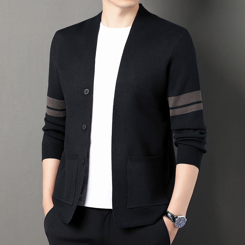 Men's New Slim Fit Striped Pocket Knit Cardigan