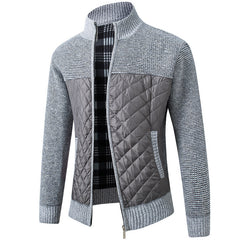 2024 Men's Stand Collar Striped Plaid Zipper Plus Velvet Fashionable Color Block Warm Knitted Jacket