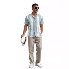 2024 Summer Contrast Stripe Stitching Short-sleeved Loose Casual Shirt