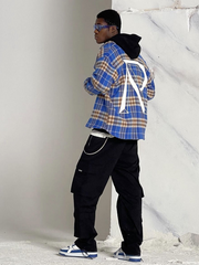 Men's Letter Embroidered Loose and Versatile Plaid Shirt