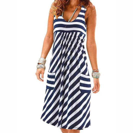 Striped Large Size Loose Sleeveless Dress