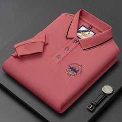 Men's Cotton Long Sleeve Lapel Embroidered Polo Shirt