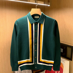 Men's Retro Color Block Vertical Stripe Knitted Cardigan