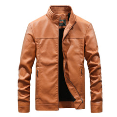 Men's Stand Collar Solid Color Leather Jacket