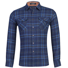 Men's Cotton Flannel Plaid Double Pocket Long Sleeve Shirt