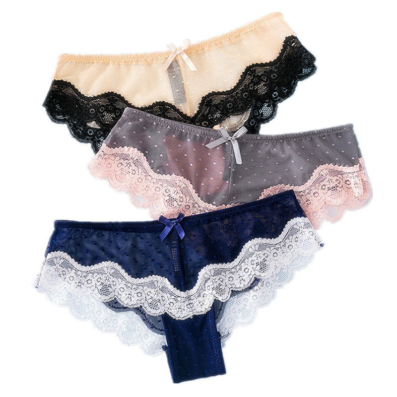 Sexy Lace Low Waist Bow Mesh Panties -  