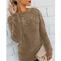 Women's Solid Color Stitching Lace Long Sleeve Sweater