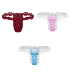 Men Ruffle Frilly Satin Panties Bowknot G Strings Thongs
