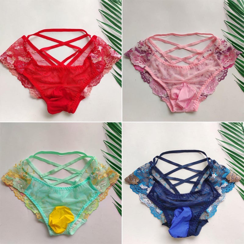 Men's sexy lace transparent mesh embroidered briefs