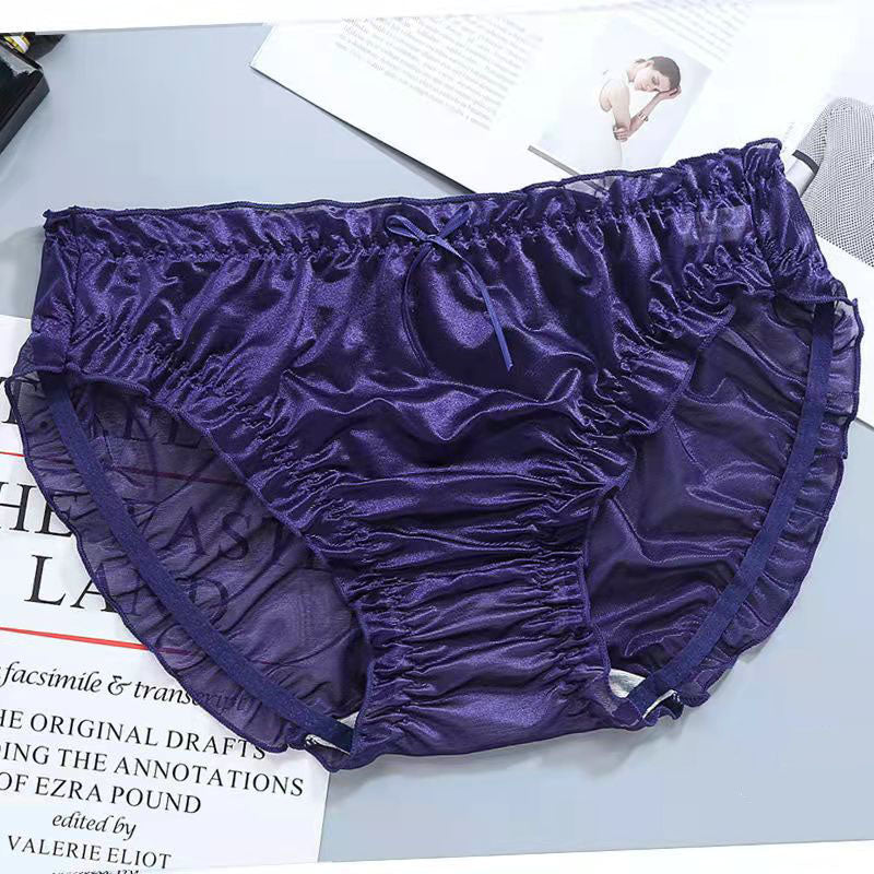 Glossy Solid Color Thin Lace Ruffle Briefs -  Fashion Men's Panties