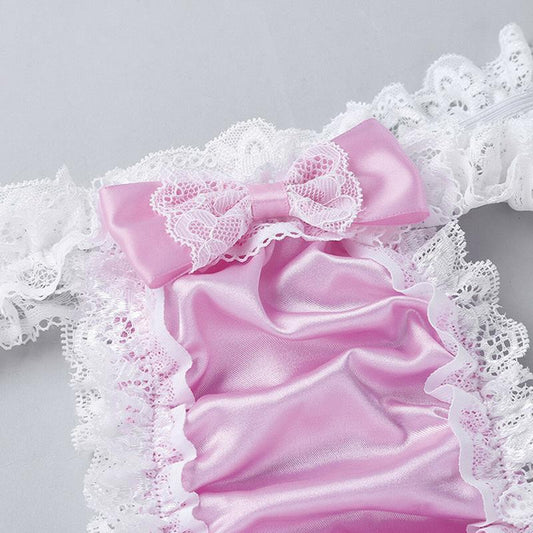 Men Ruffle Frilly Satin Panties Bowknot G Strings Thongs