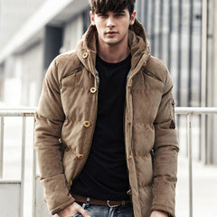 Men's Corduroy Hooded Solid Color Padded Coat