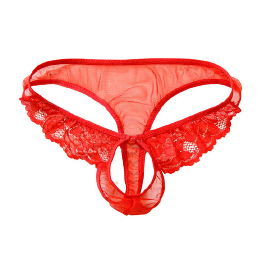 Men's Open Crotch Full Lace Transparent Thongs