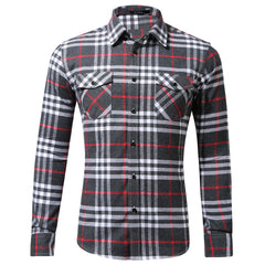 Men's Cotton Flannel Plaid Double Pocket Long Sleeve Shirt