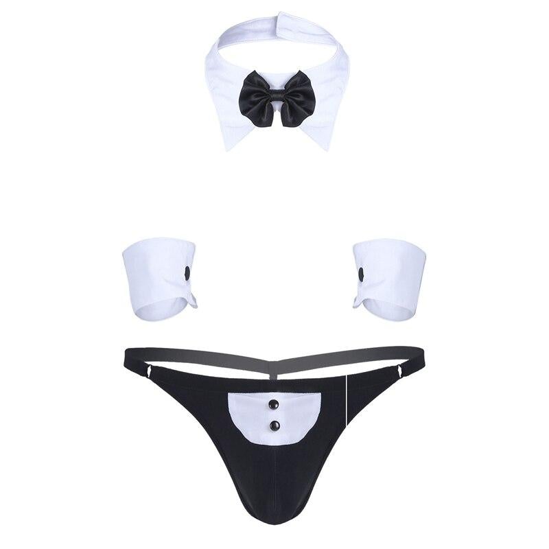 Butler Waiter Tuxedo Tie Tie Neck Bracelet Thong Set
