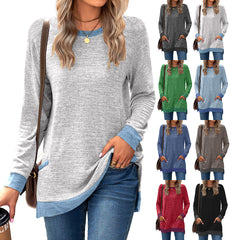 Crew Neck Colorblock Pocket Long Sleeve Loose Casual T-Shirt