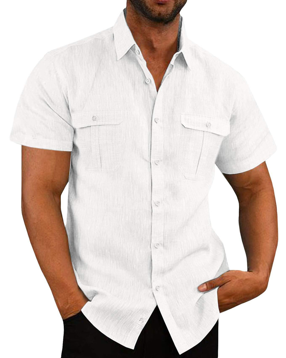 Men's Two Pocket Cotton Linen Short Sleeve Shirt