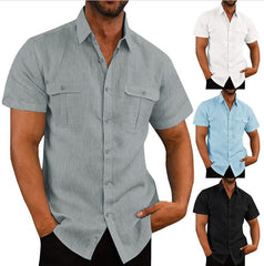 Men's Two Pocket Cotton Linen Short Sleeve Shirt