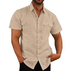 Men's Two Pocket Cotton Linen Short Sleeve Shirt