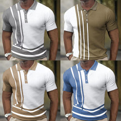 Men's Short Sleeve Color Block Stripe Button Polo Shirt