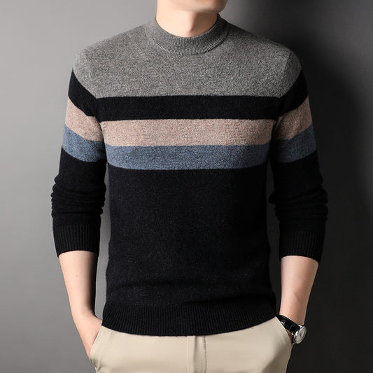 Men's 100% Pure Wool Crewneck Thickened Warm Striped Sweater