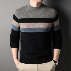 Men's 100% Pure Wool Crewneck Thickened Warm Striped Sweater