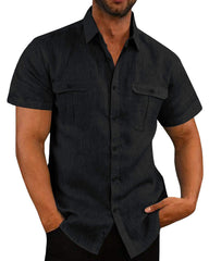 Men's Two Pocket Cotton Linen Short Sleeve Shirt