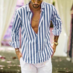 Men's Loose Lapel Striped Shirt