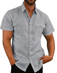 Men's Two Pocket Cotton Linen Short Sleeve Shirt