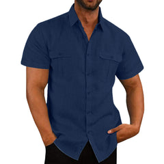 Men's Two Pocket Cotton Linen Short Sleeve Shirt