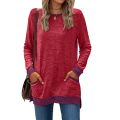 Crew Neck Colorblock Pocket Long Sleeve Loose Casual T-Shirt