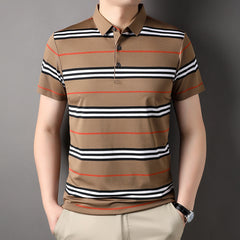 Color block striped men's lapel polo shirt