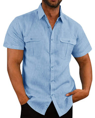 Men's Two Pocket Cotton Linen Short Sleeve Shirt